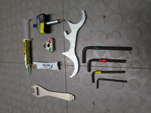 The tools I use - allen wrenches, a Lezyne pedal wrench, a torque key, a spoke wrench, grease, carbon paste, lube and rags (not show)
